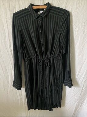 Striped Long-Sleeve Button-Front Drawstring Dress in Black and Dark Green